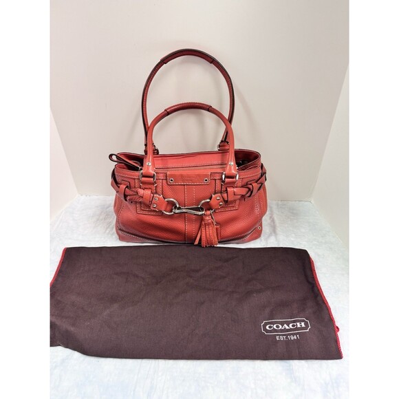 COACH Hampton Carryall Shoulder Bag F13084 Red Pebbled Leather Braided Tassel - Picture 1 of 12